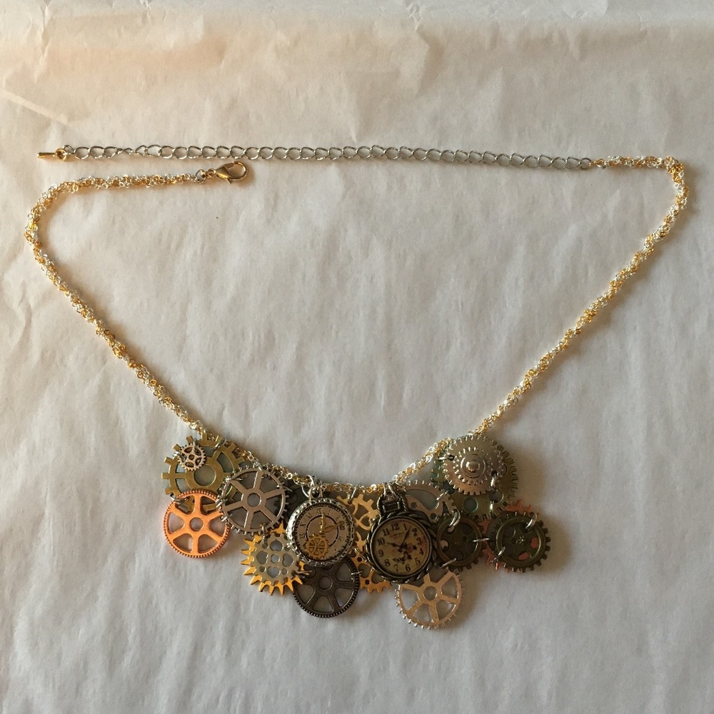 SOLD—Steampunk Handmade Steamer Mixed Metal Bib Necklace with Gears, Clocks - Picture 12 of 16